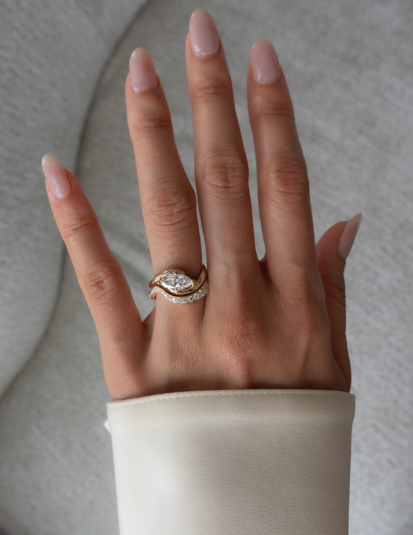 Cadette Marquise Rapture engagement ring set with band. Marquise Ocean Inspired Engagement solitaire Ring with band. Marquise Nature Inspired Engagement solitaire Ring with band.