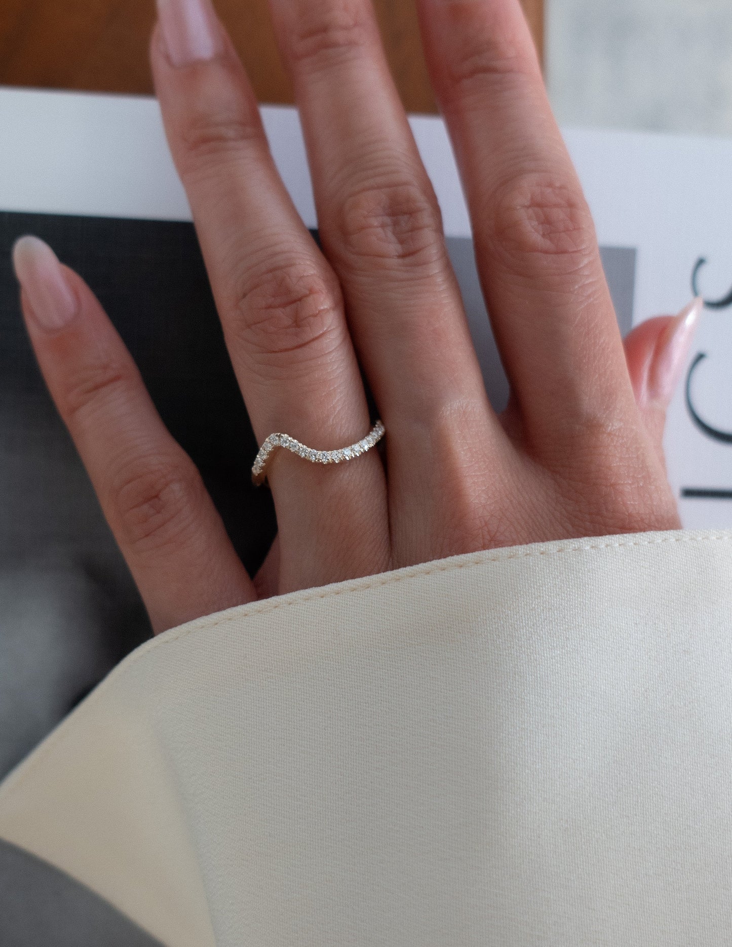 Cadette Minimal Pave Diamond engagement band. Pave Diamond Ocean Inspired Engagement band. Pave Diamond Nature Inspired Engagement band.