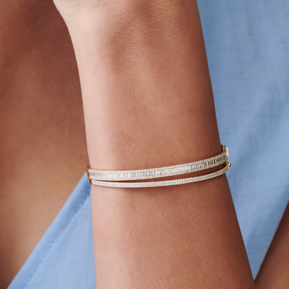 14k Baguette and Round Brilliant Micro Pave Statement Bangle Bracelet