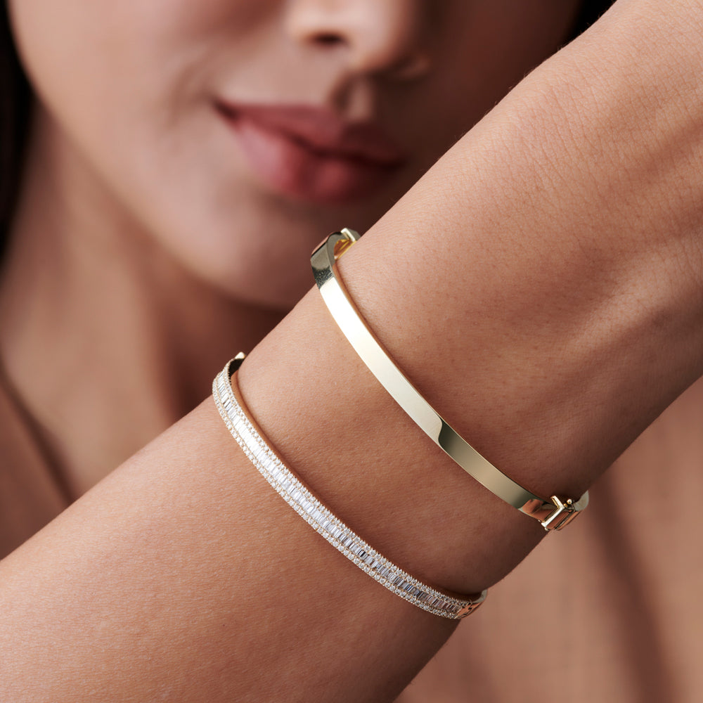 14k Baguette and Round Brilliant Micro Pave Statement Bangle Bracelet