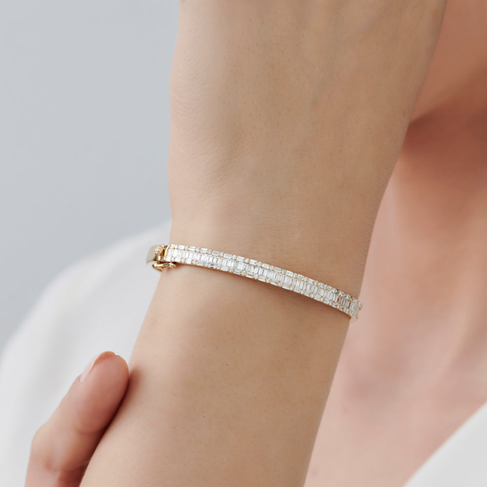 14k Baguette and Round Brilliant Micro Pave Statement Bangle Bracelet