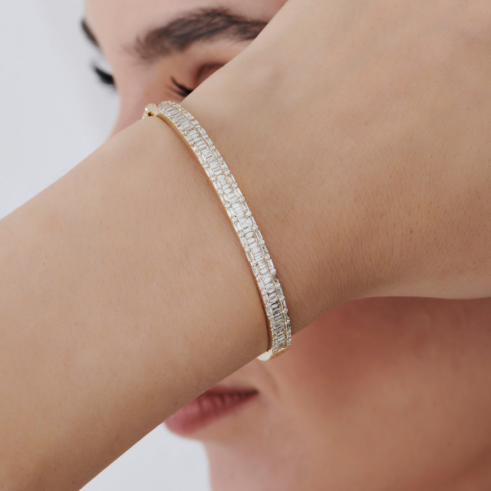14k Baguette and Round Brilliant Micro Pave Statement Bangle Bracelet