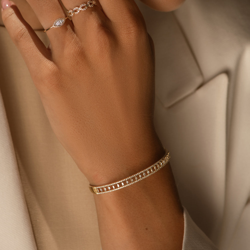 14K Baguette & Round Diamond Bangle Bracelet