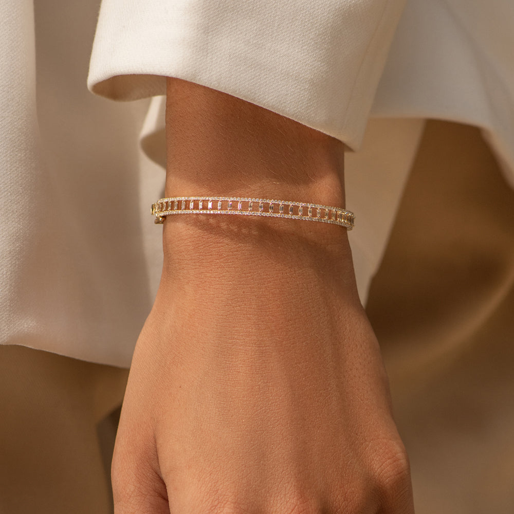 14K Baguette & Round Diamond Bangle Bracelet