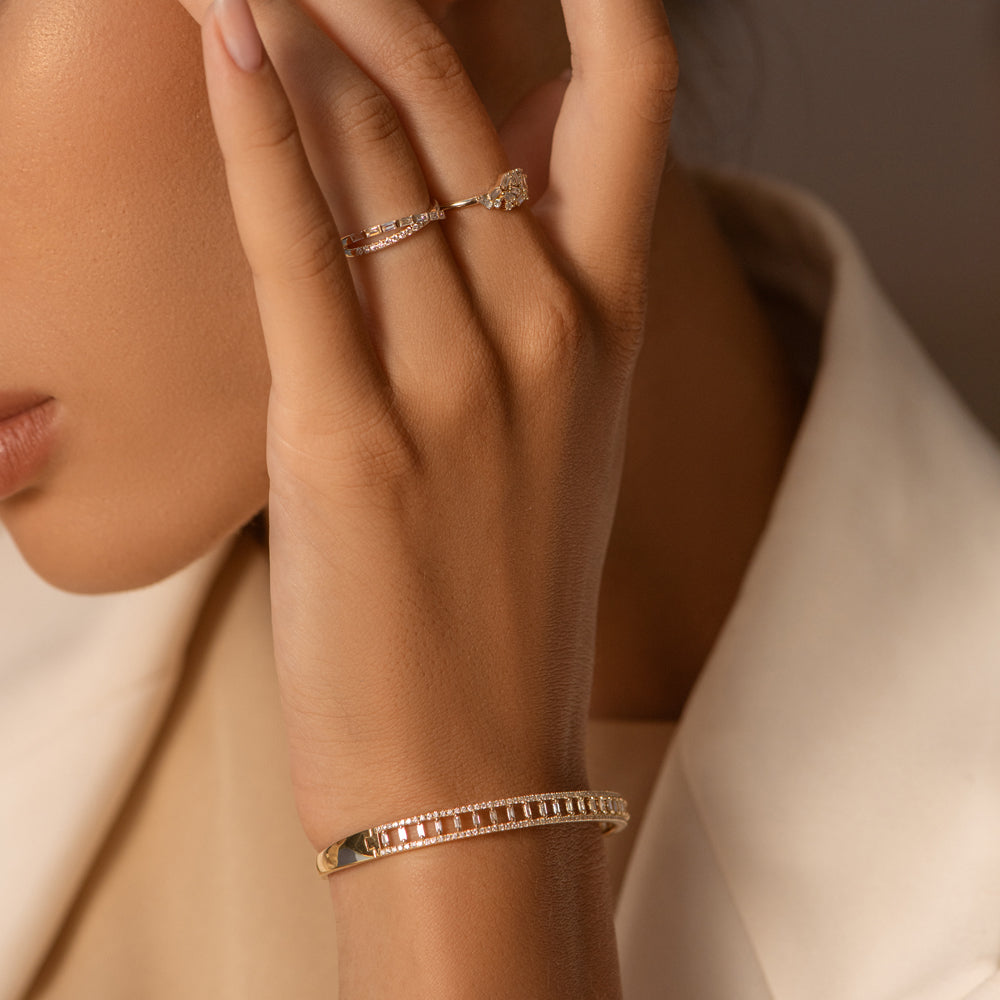 14K Baguette & Round Diamond Bangle Bracelet