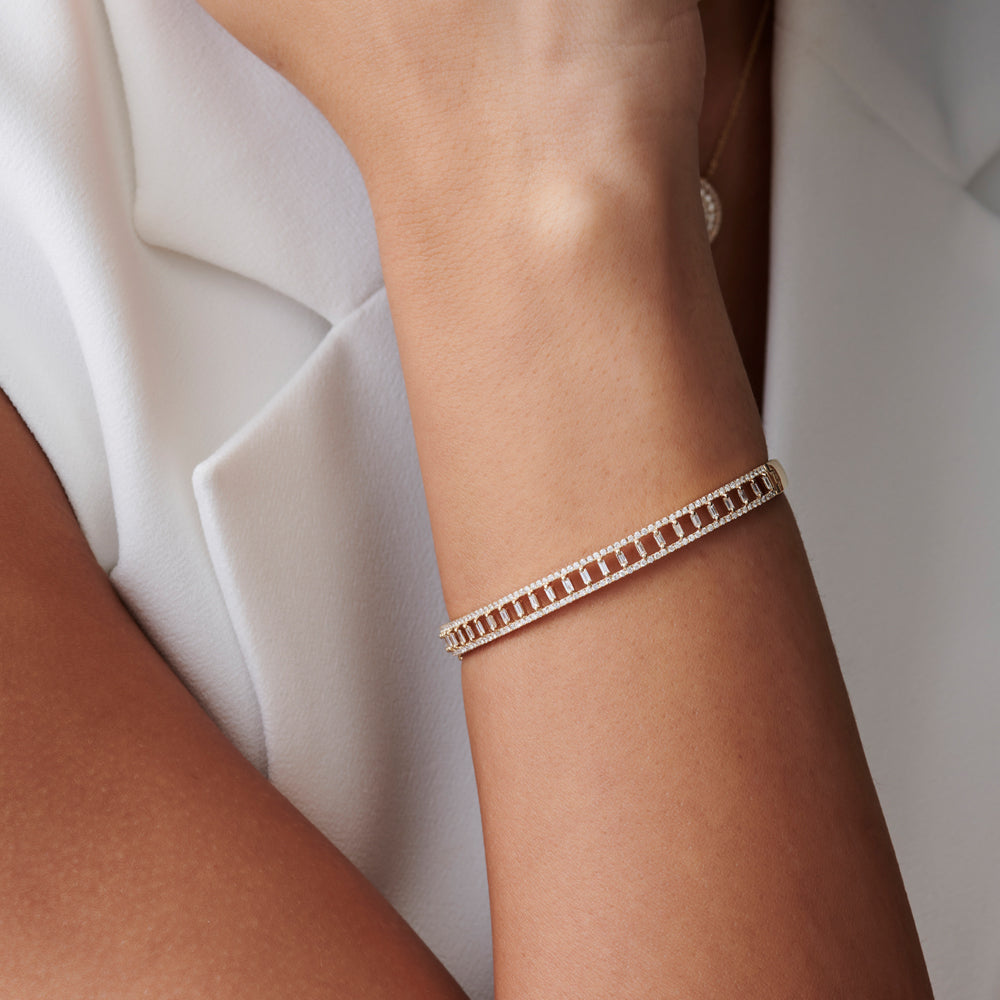 14K Baguette & Round Diamond Bangle Bracelet
