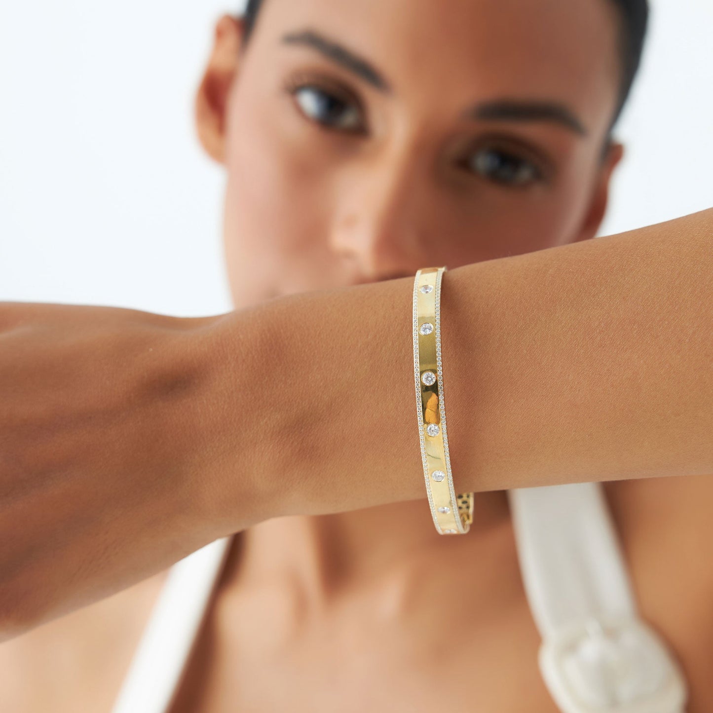 14K Flush Set Diamond Bangle with Pave Edges