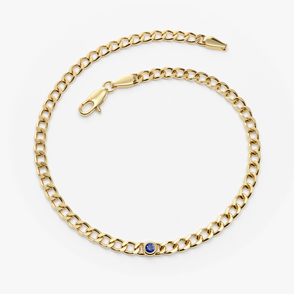 14k Gold Cuban Link Bracelet w/ Bezel Setting Sapphire