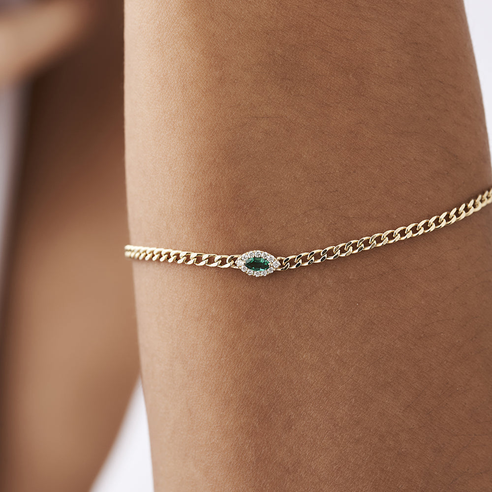 14k 2MM Curb Link Marquise Emerald Bracelet