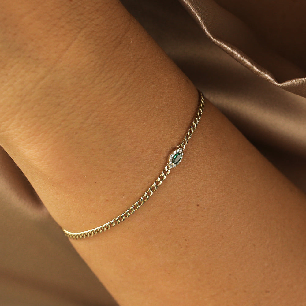 14k 2MM Curb Link Marquise Emerald Bracelet