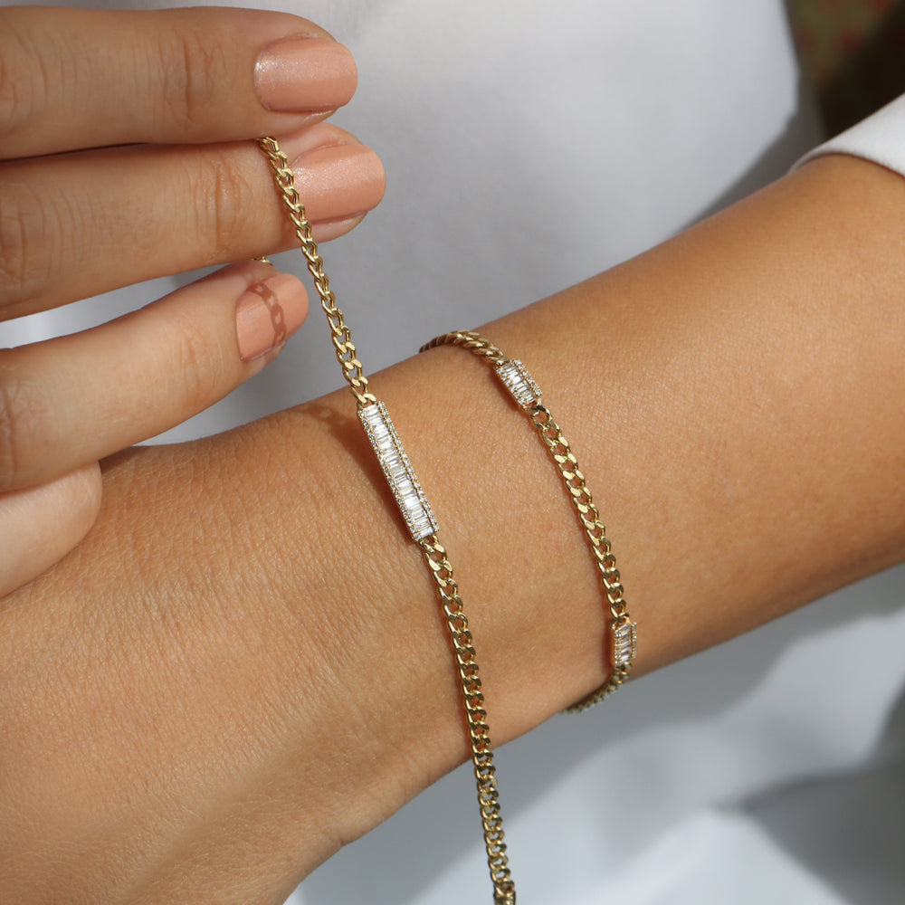 14k Baguette Diamond Bar Curb Link Bracelet