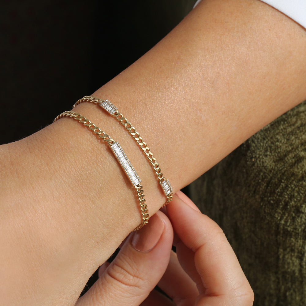 14k Baguette Diamond Bar Curb Link Bracelet