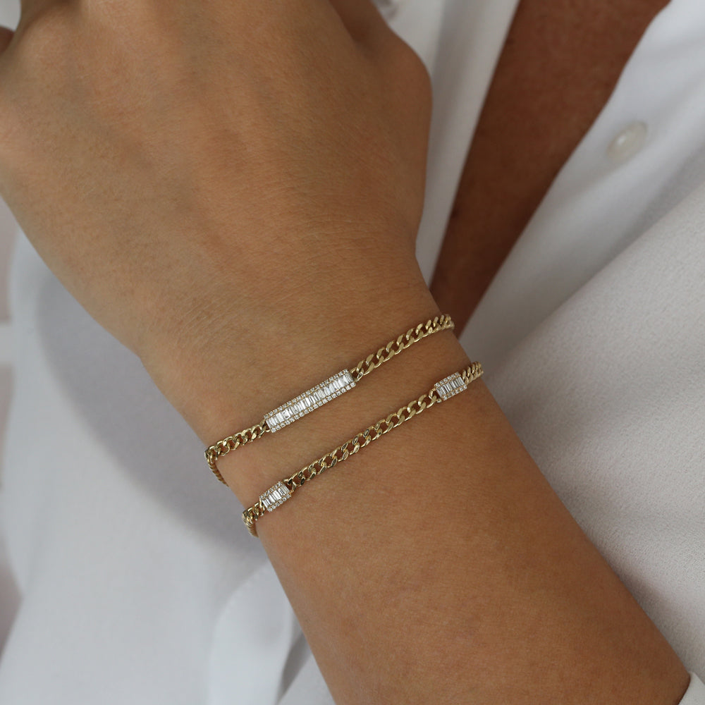 14k Baguette Diamond Bar Curb Link Bracelet