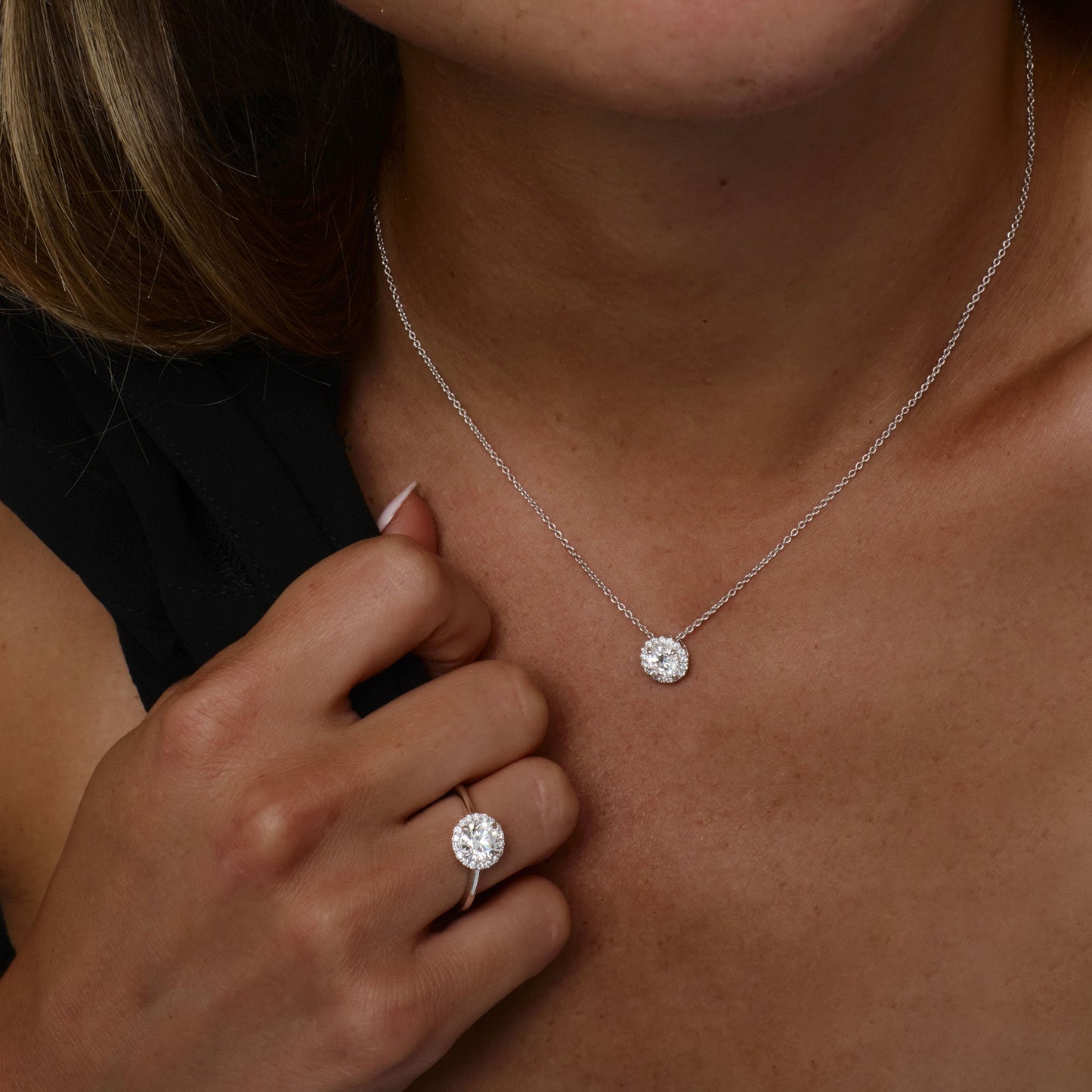0.90 ctw 14K Halo Setting Round Brilliant Cut Lab Grown Diamond Necklace - Ana