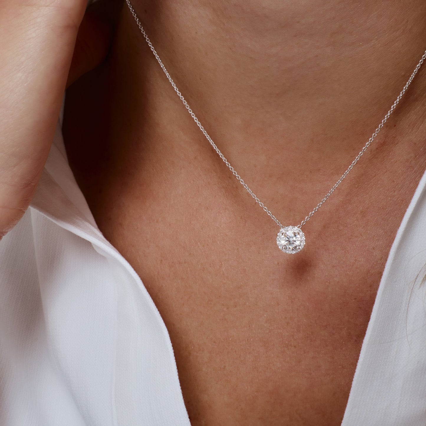 0.90 ctw 14K Halo Setting Round Brilliant Cut Lab Grown Diamond Necklace - Ana