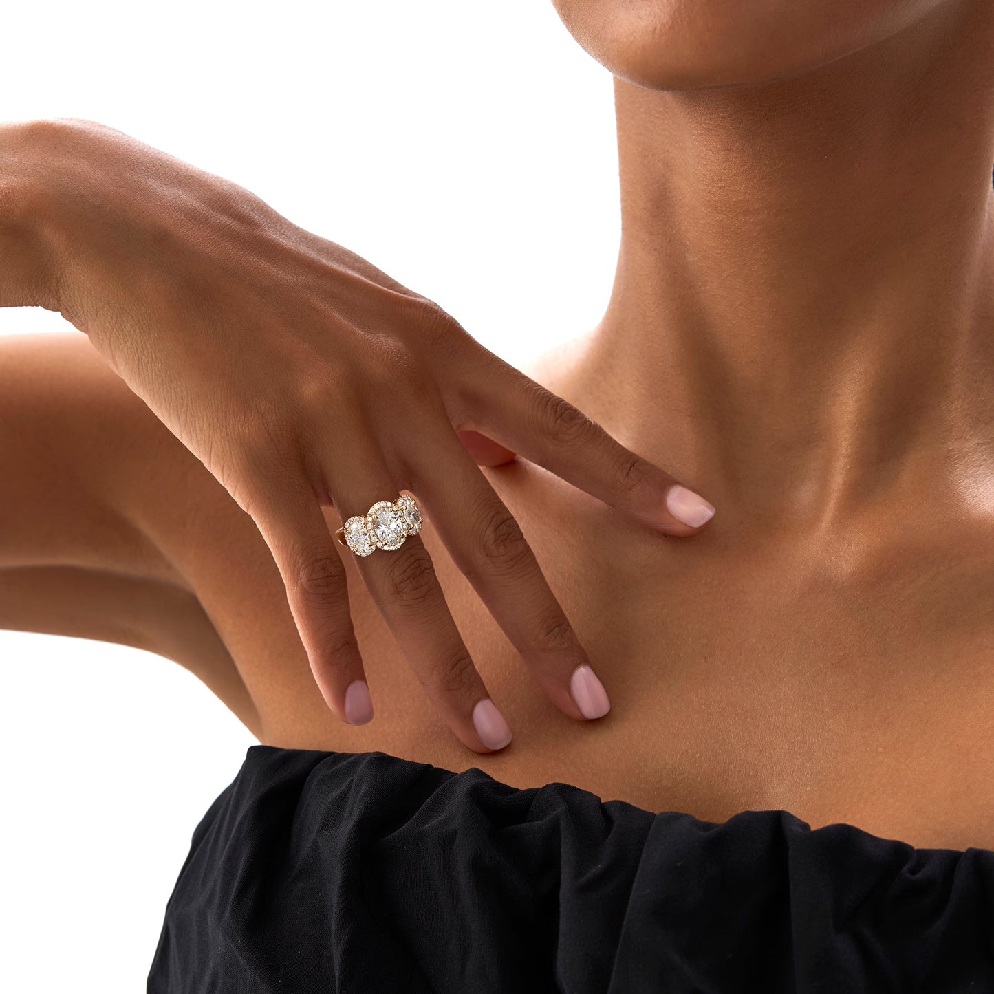3.35 ctw Three Stone Halo Oval Lab Grown Engagement Ring - Ashley - Geum Jewels