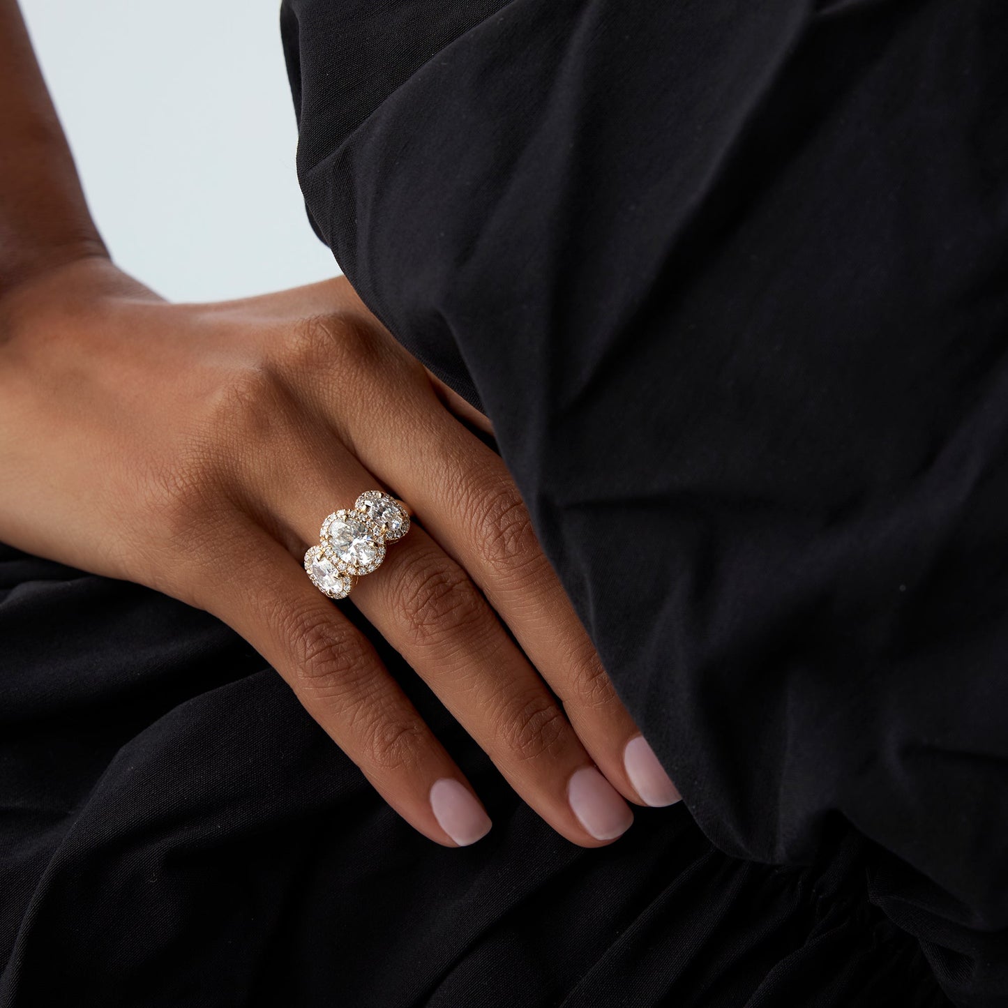 3.35 ctw Three Stone Halo Oval Lab Grown Engagement Ring - Ashley - Geum Jewels