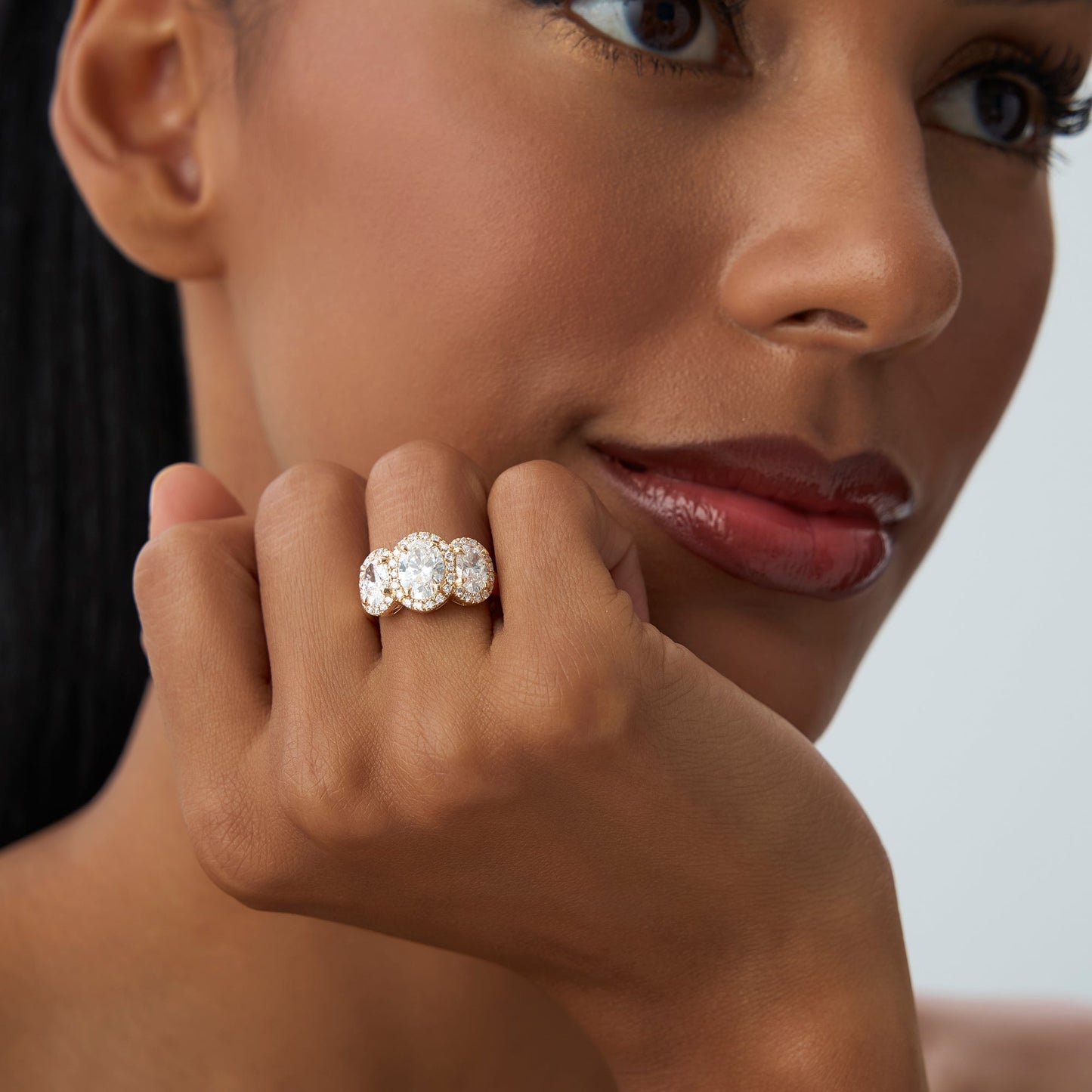 3.35 ctw Three Stone Halo Oval Lab Grown Engagement Ring - Ashley - Geum Jewels