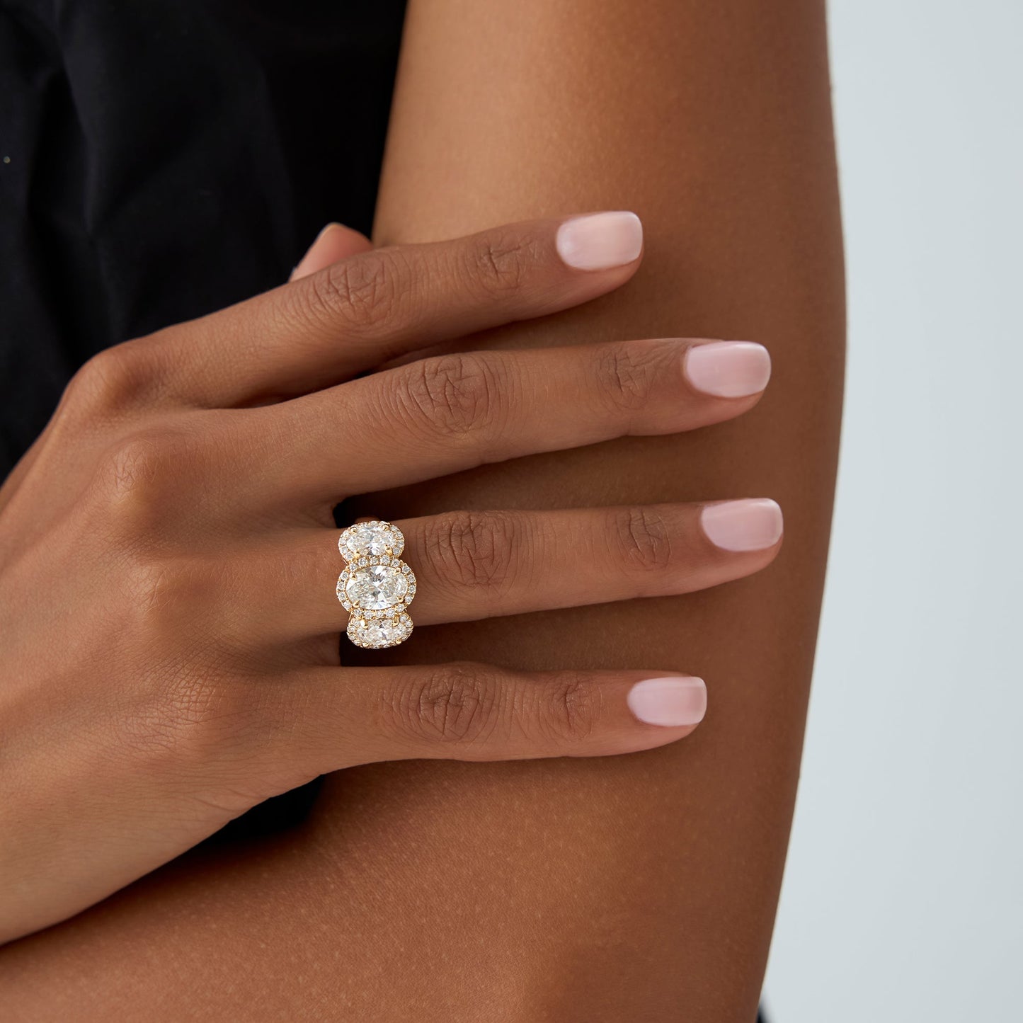 3.35 ctw Three Stone Halo Oval Lab Grown Engagement Ring - Ashley - Geum Jewels