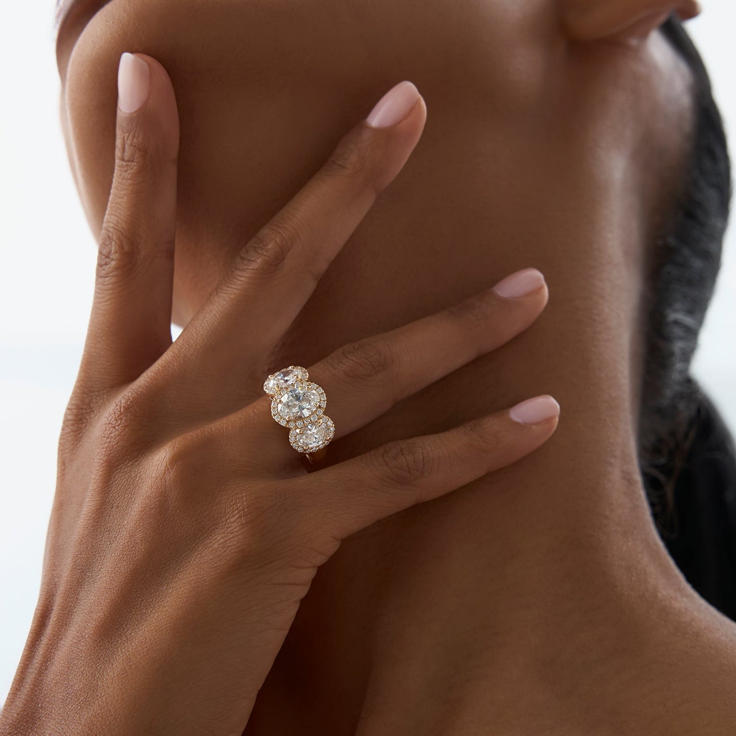 3.35 ctw Three Stone Halo Oval Lab Grown Engagement Ring - Ashley - Geum Jewels