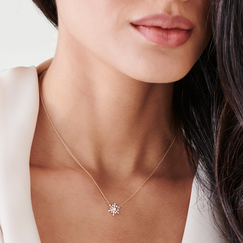 14k Baguette and Round Diamond Snowflake Necklace