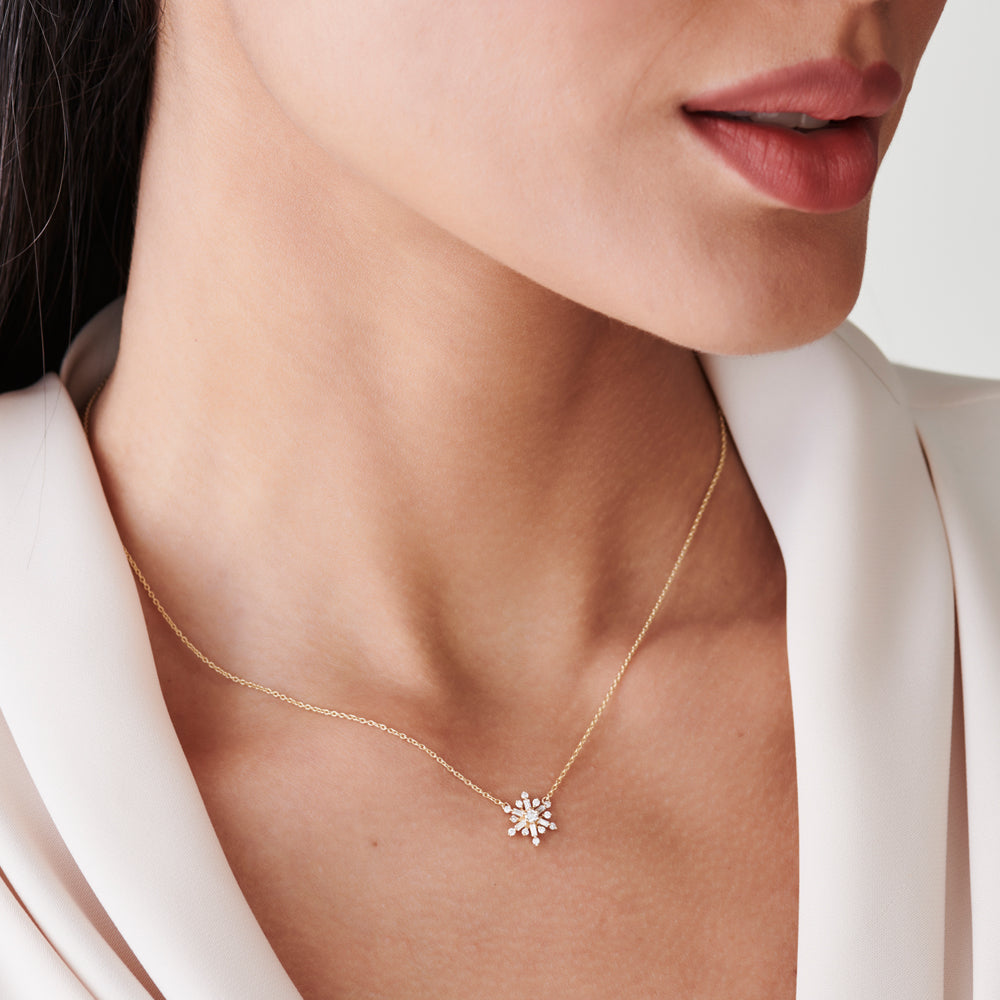 14k Baguette and Round Diamond Snowflake Necklace
