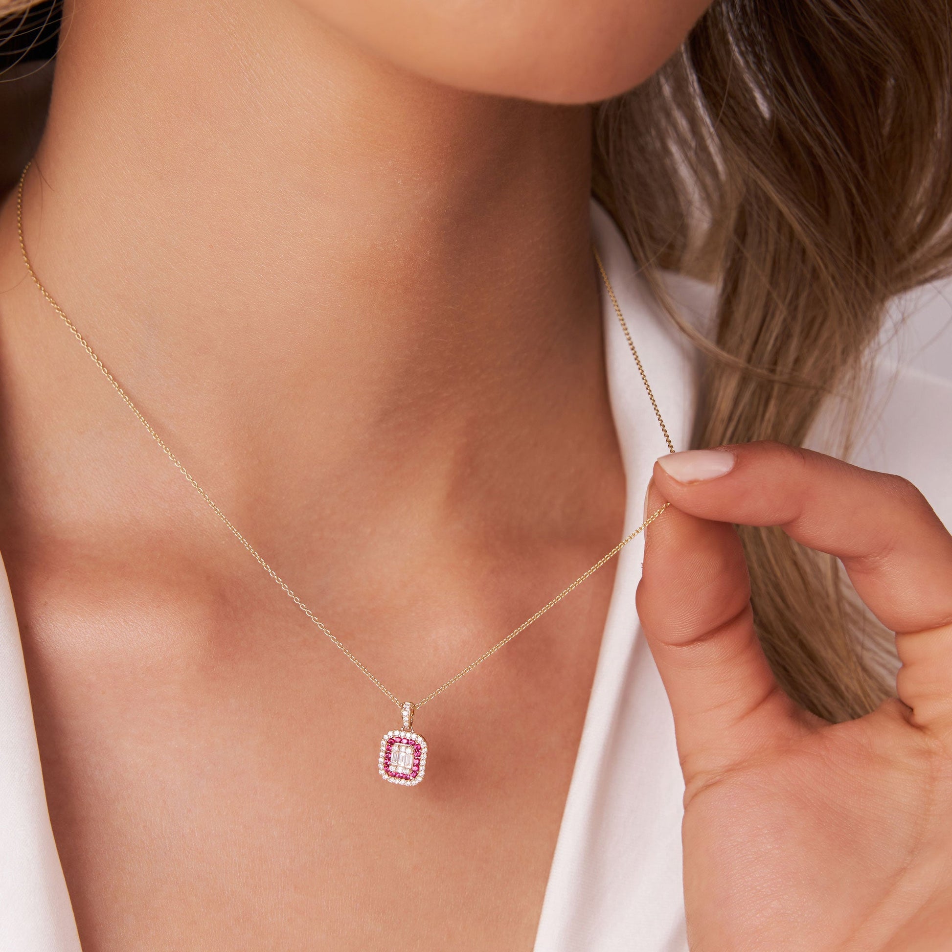 14k Baguette and Round Ruby Necklace with Halo Setting