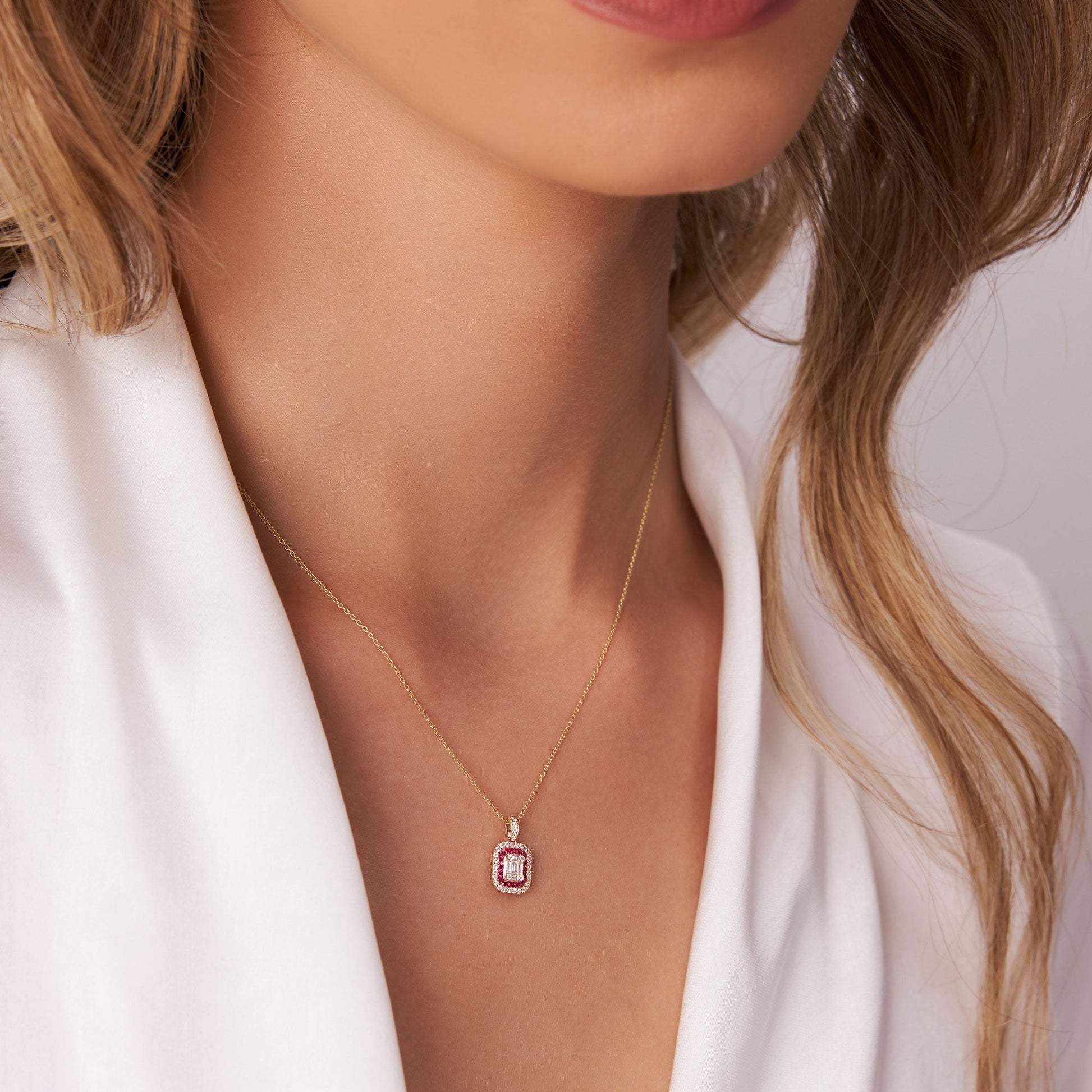 14k Baguette and Round Ruby Necklace with Halo Setting