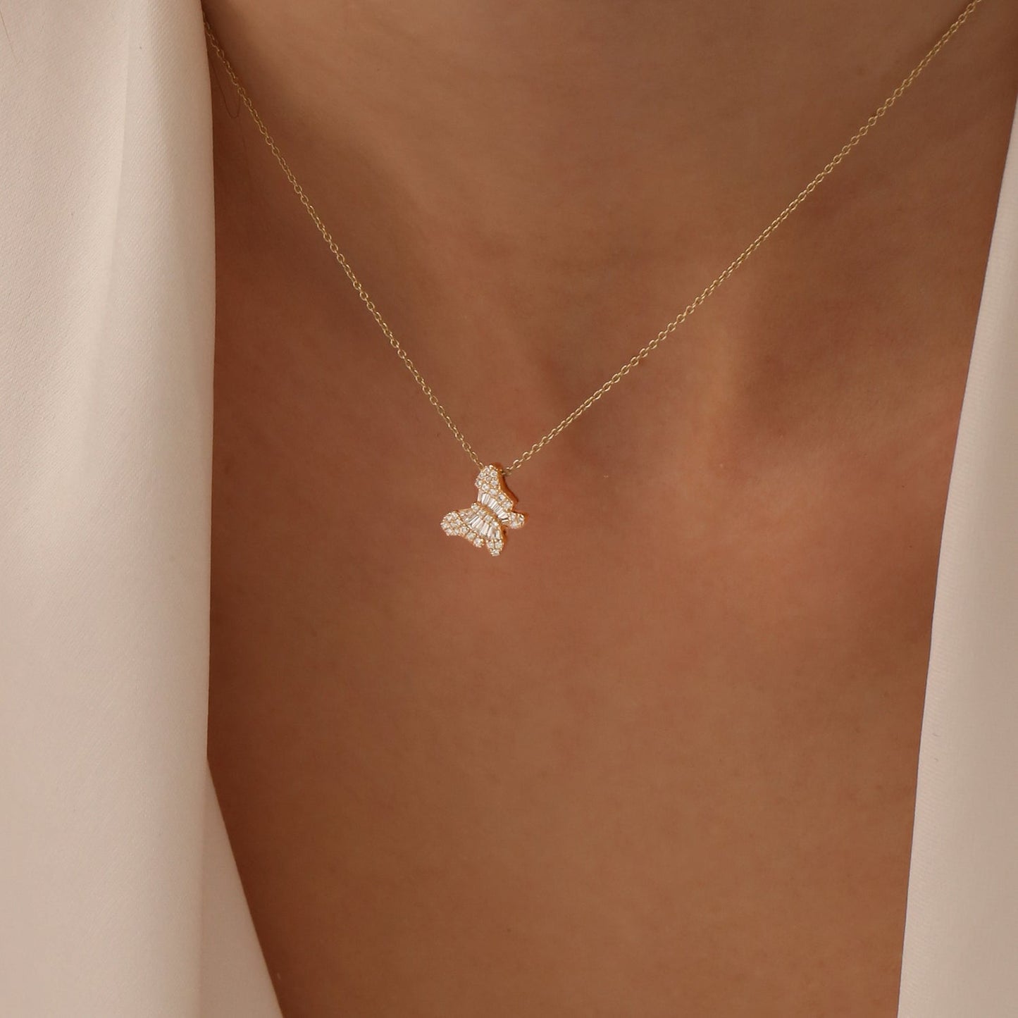 14k Baguette Diamond Butterfly Necklace
