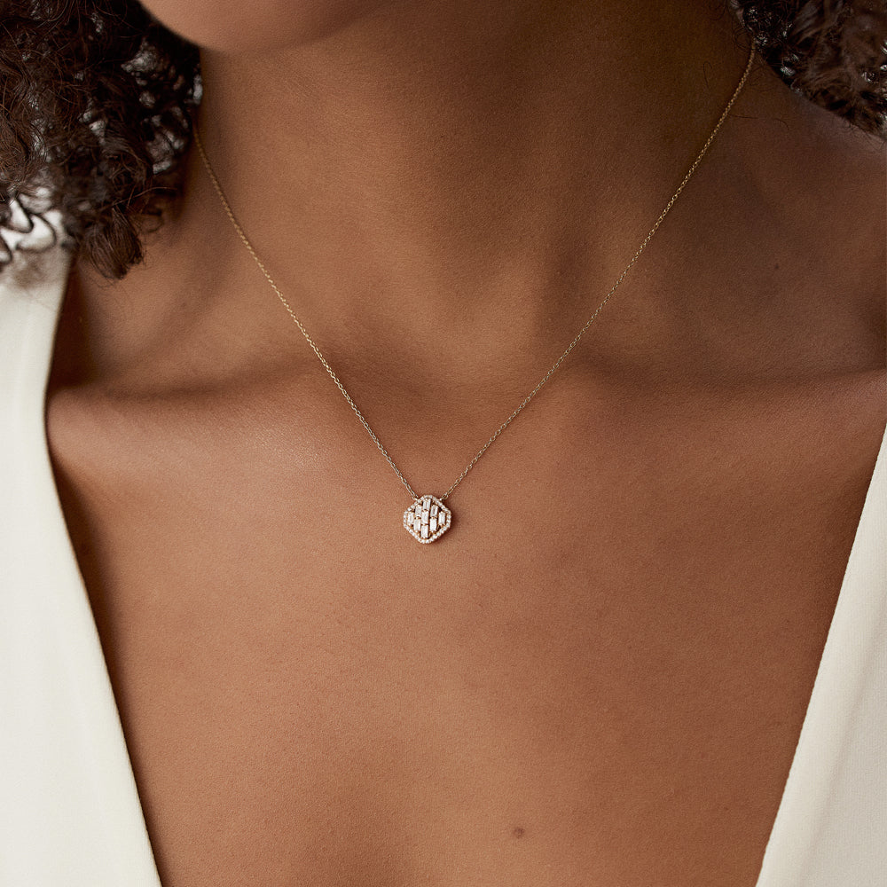 14k Baguette Diamond Necklace in Halo Setting