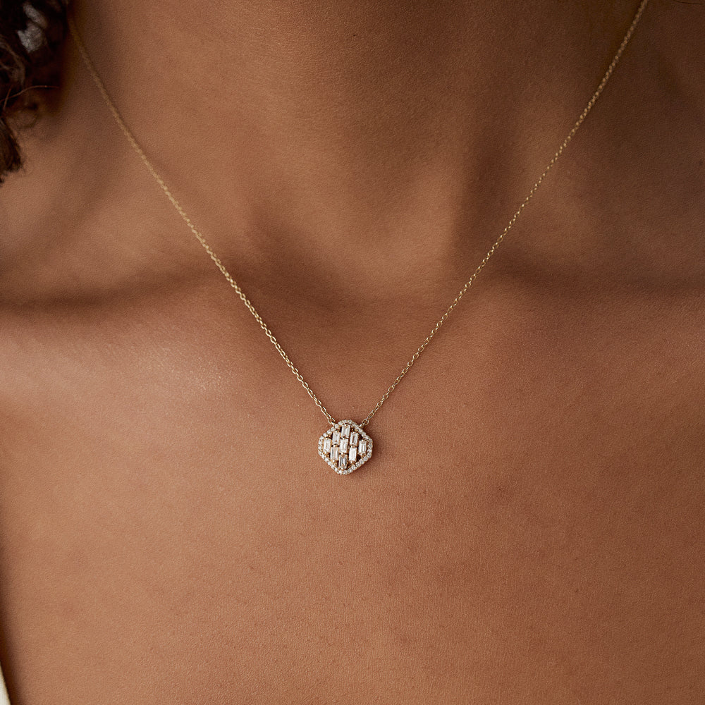 14k Baguette Diamond Necklace in Halo Setting