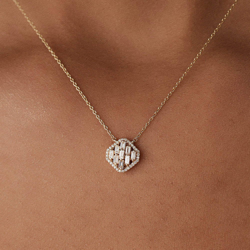 14k Baguette Diamond Necklace in Halo Setting