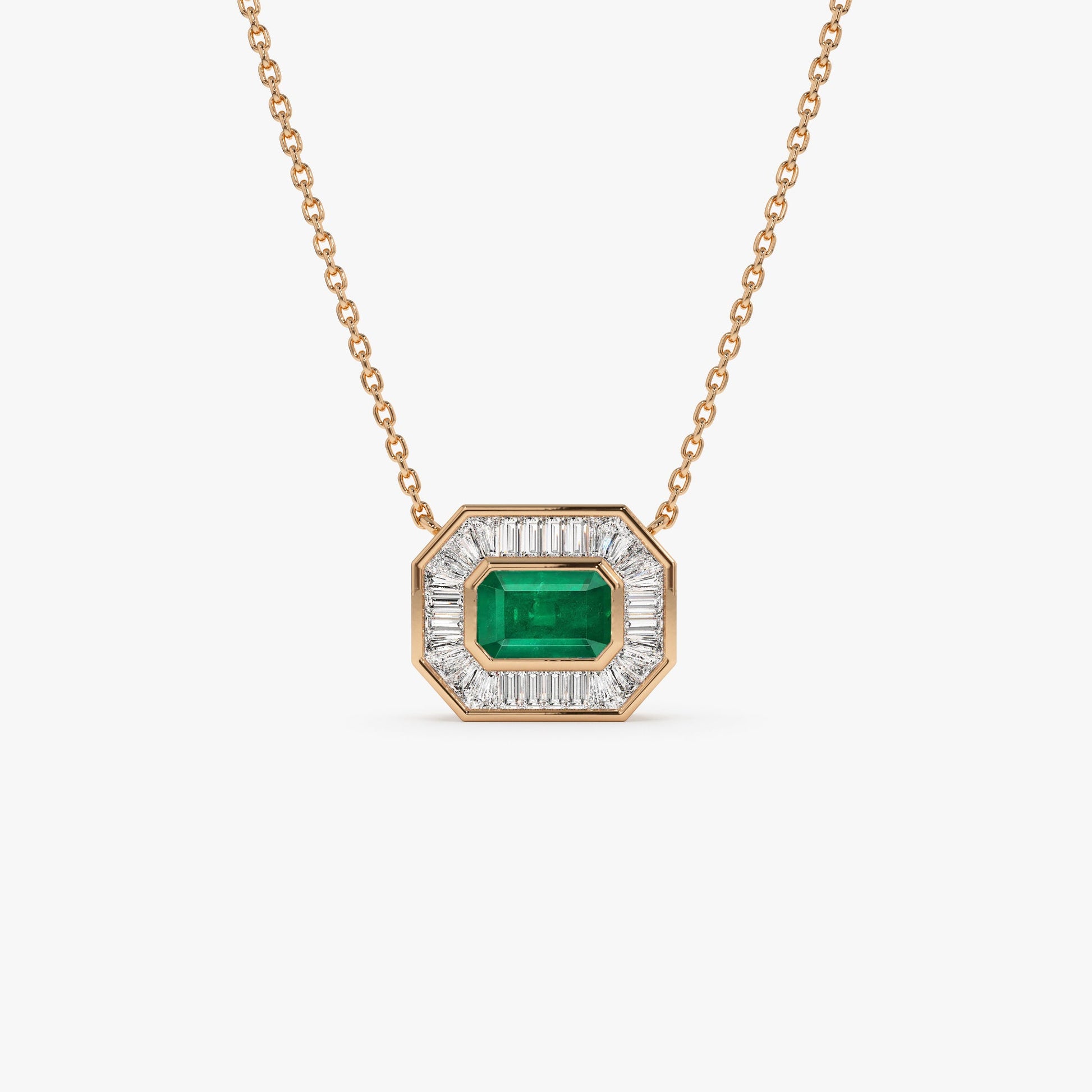 14k Baguette Halo Emerald Necklace
