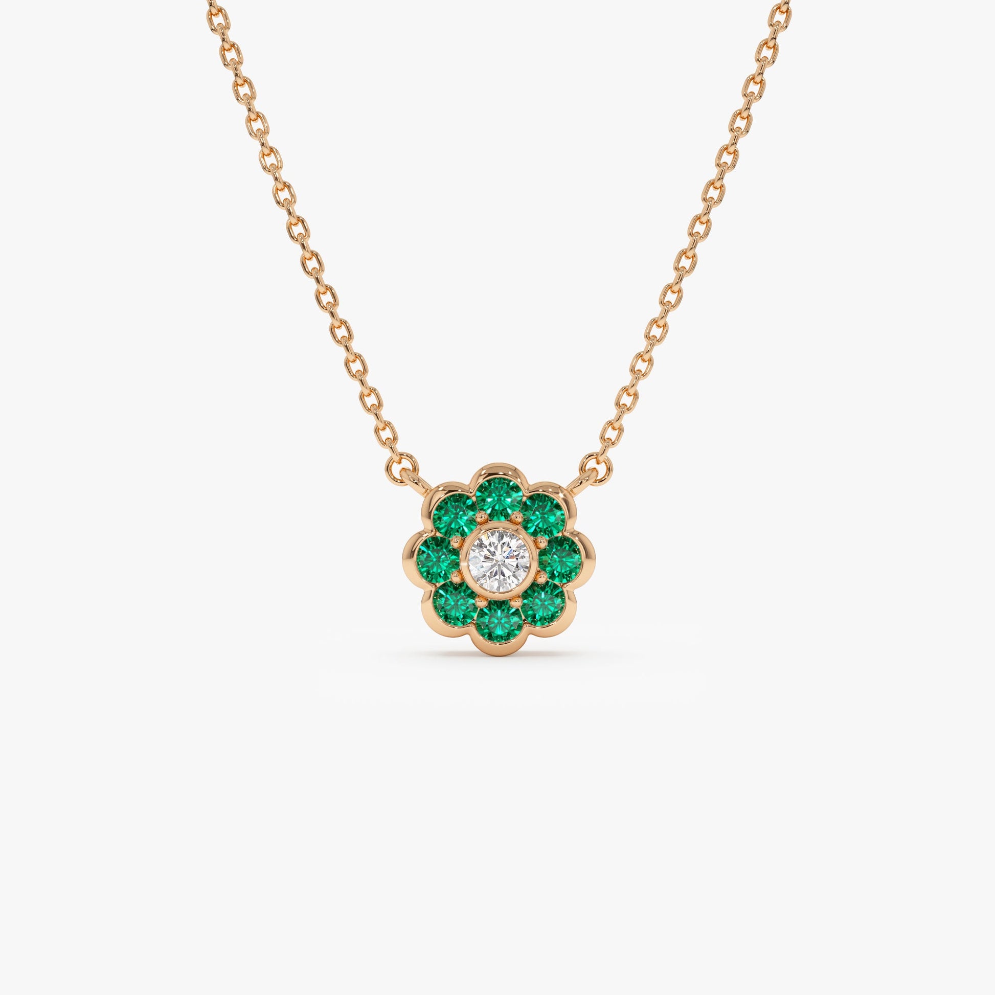 14K Bezel Setting Emerald Flower Diamond Necklace