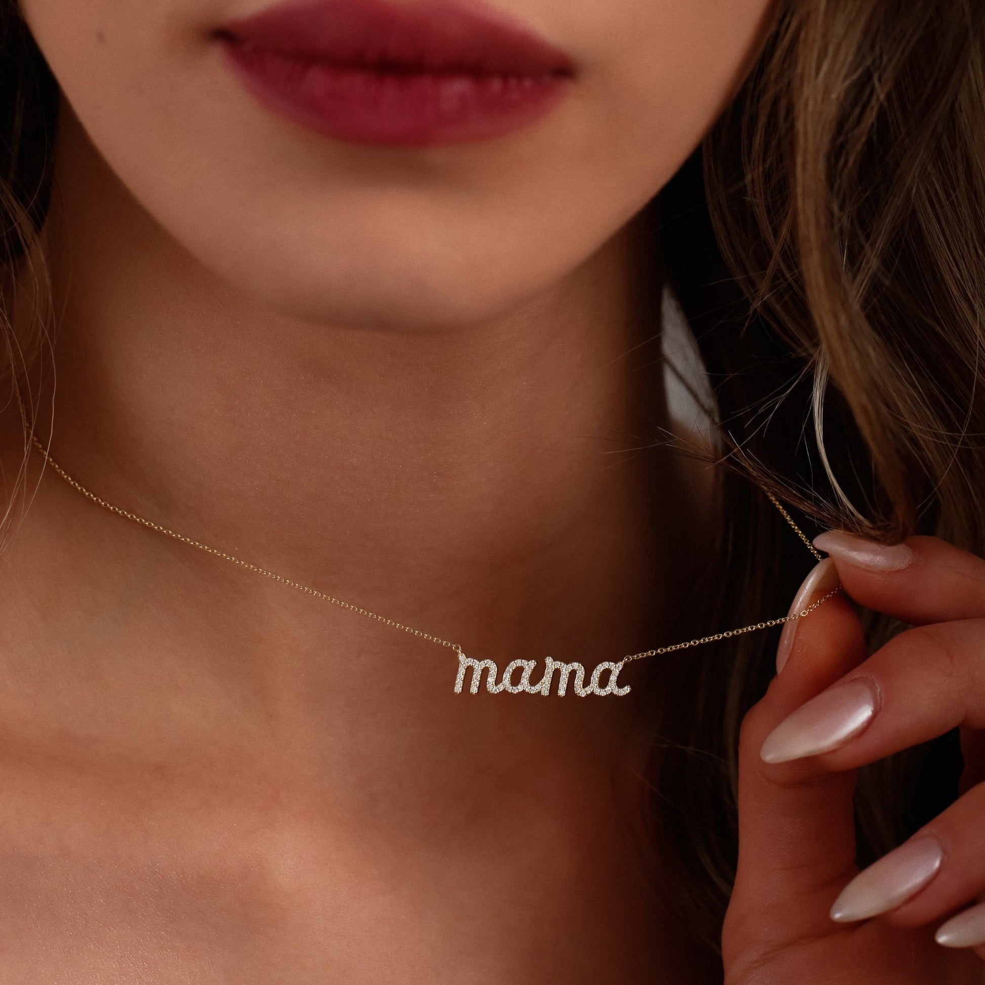 14k Diamond Script Mama Necklace