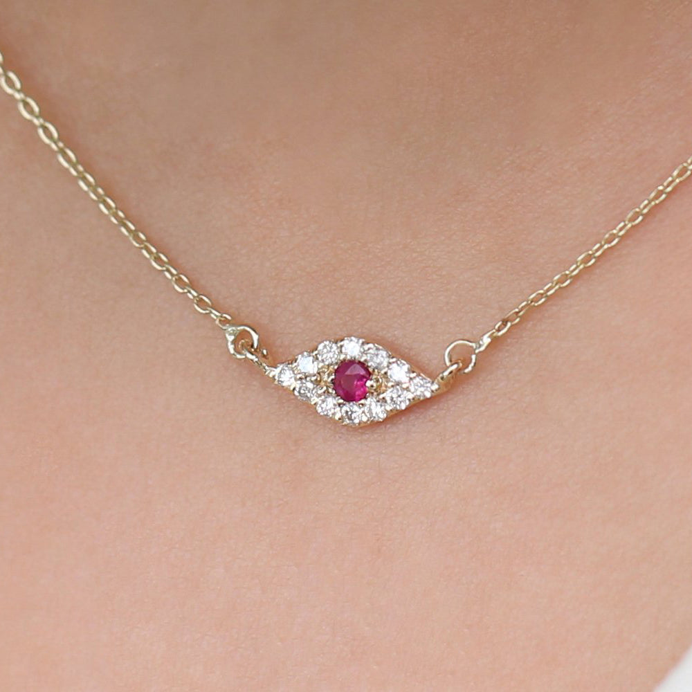 14K Gold Diamond and Ruby Evil Eye Necklace