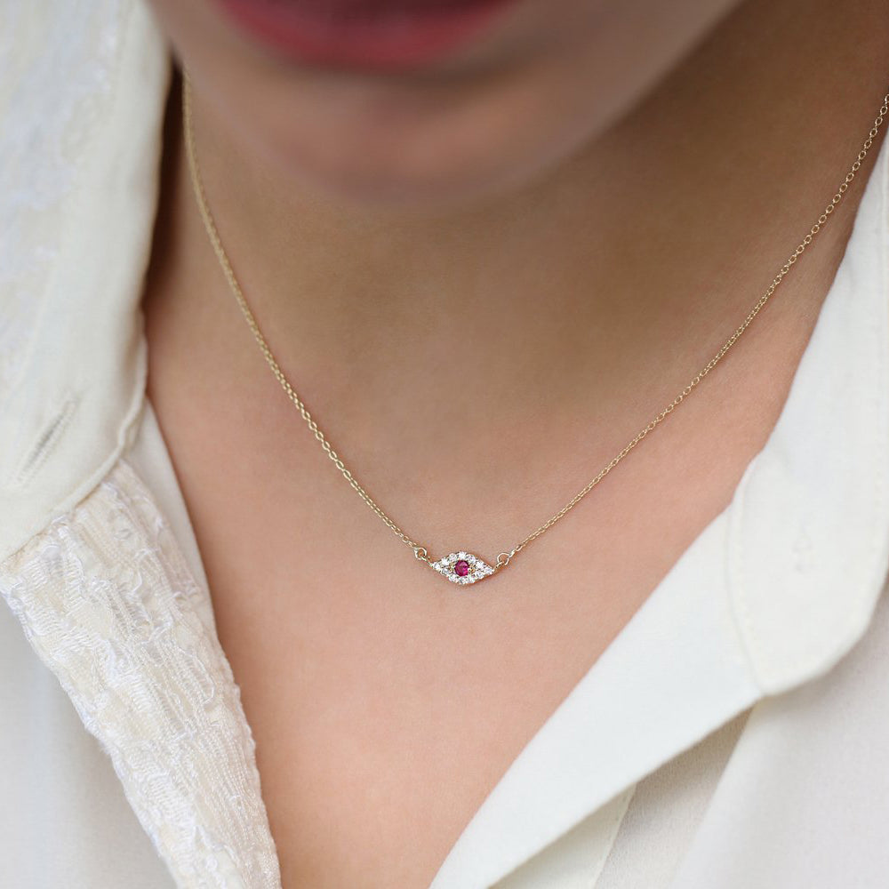 14K Gold Diamond and Ruby Evil Eye Necklace