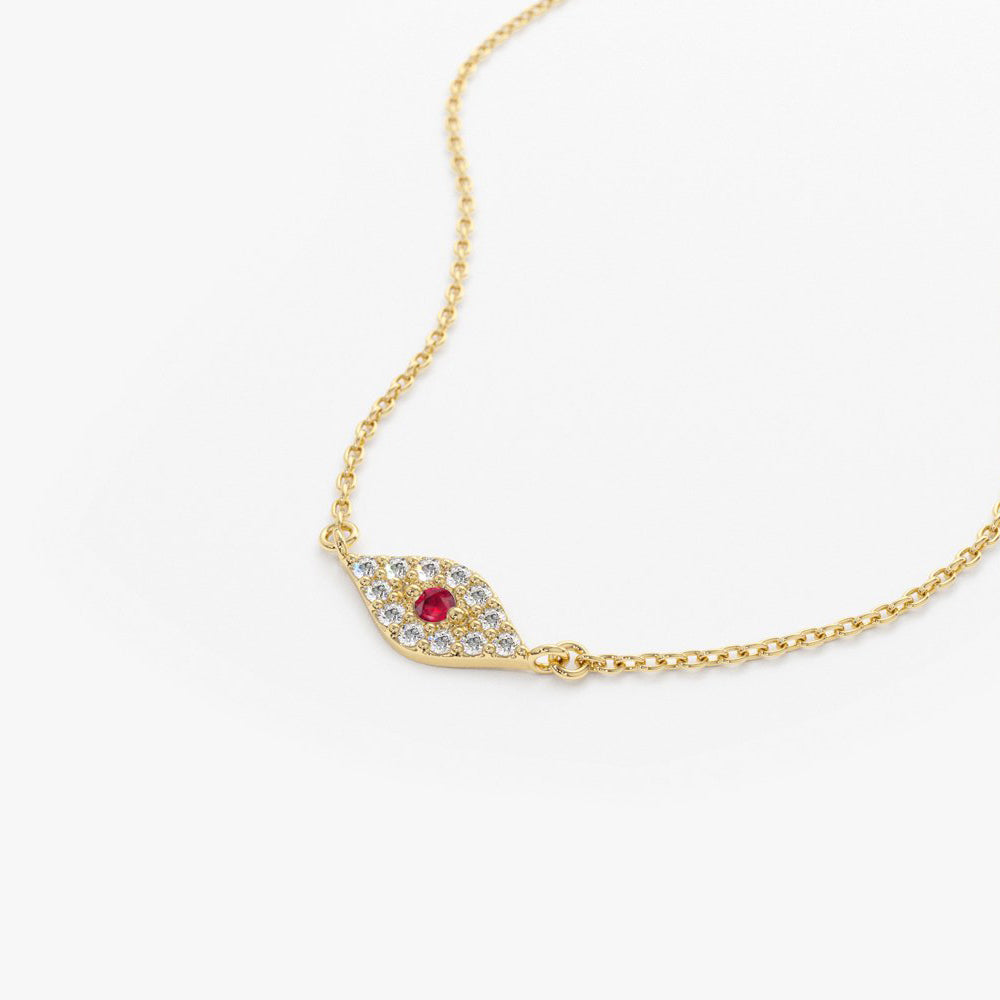 14K Gold Diamond and Ruby Evil Eye Necklace
