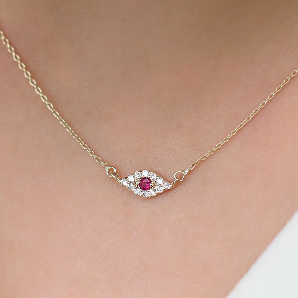 14K Gold Diamond and Ruby Evil Eye Necklace
