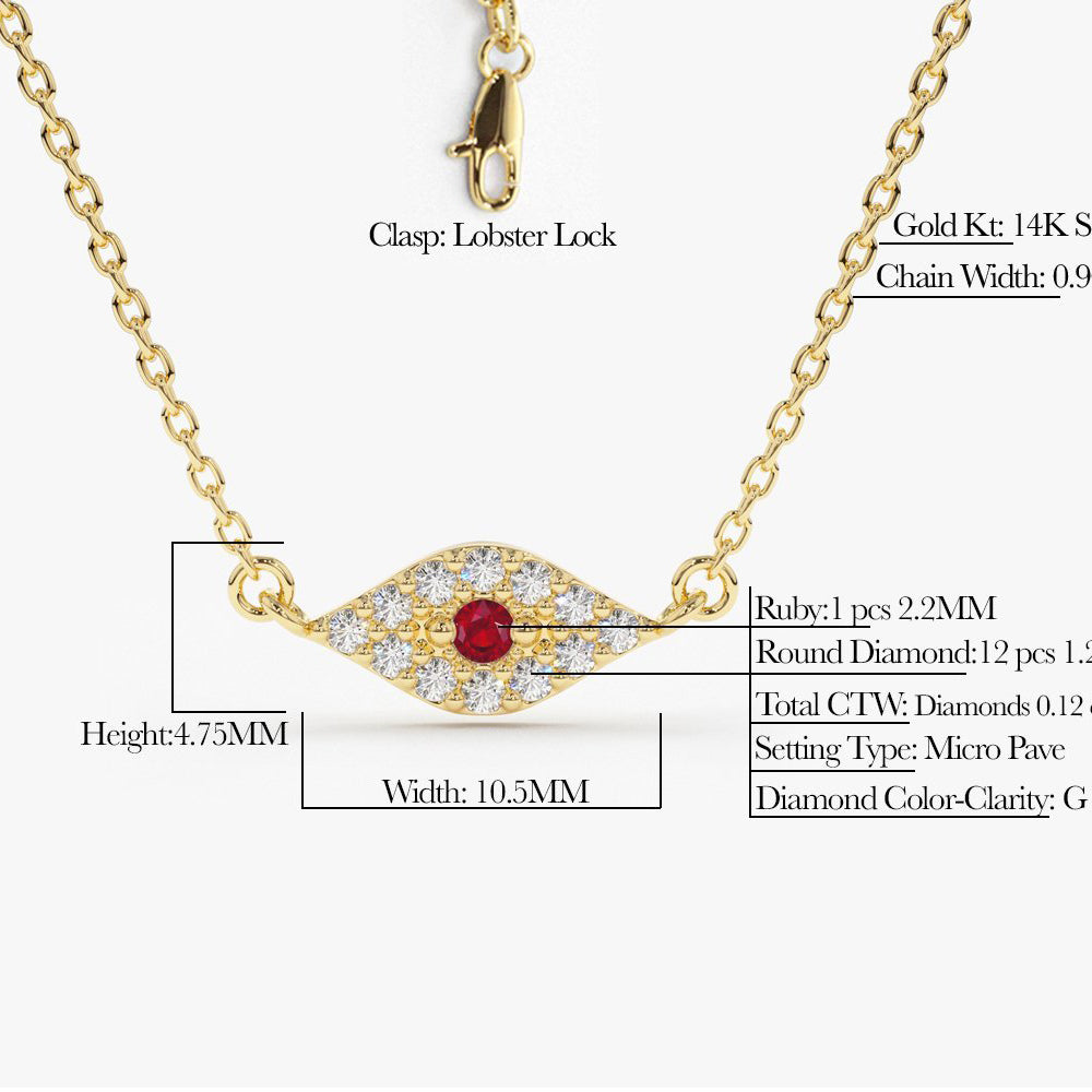 14K Gold Diamond and Ruby Evil Eye Necklace