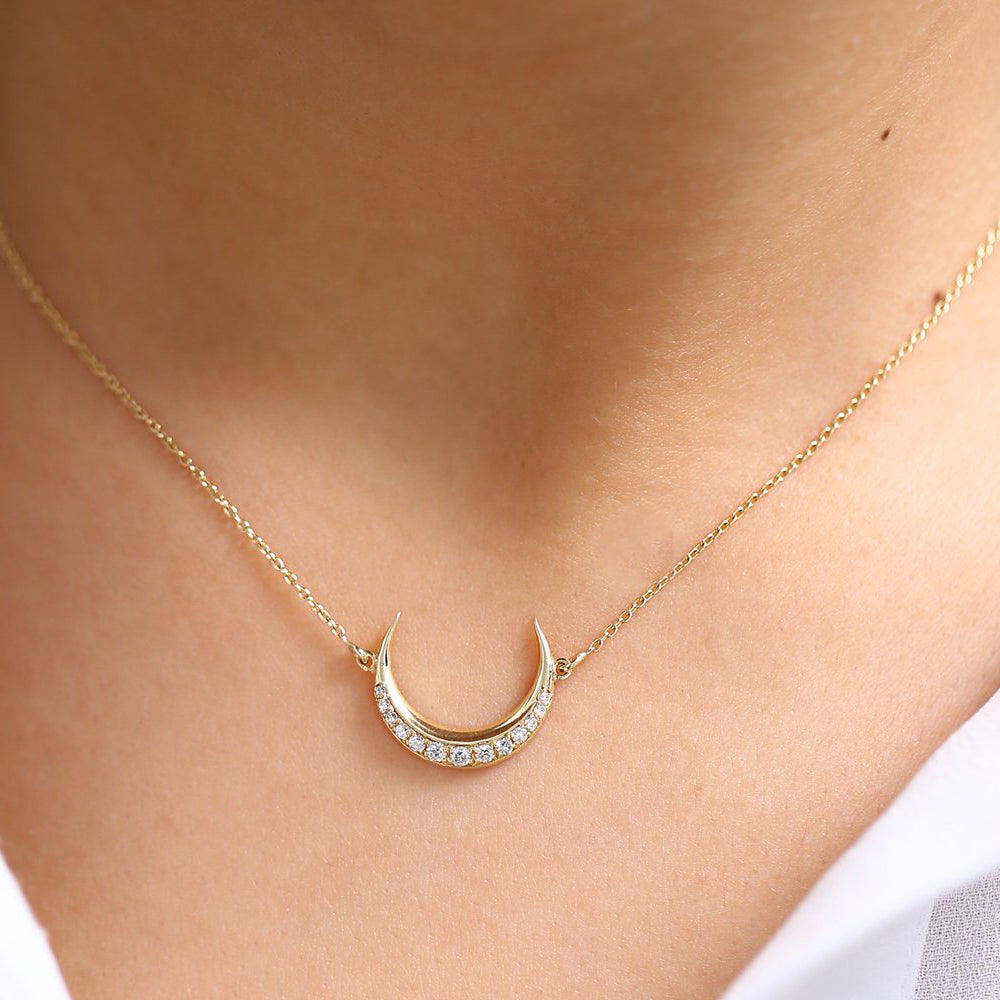 14K Gold Diamond Crescent Moon Necklace
