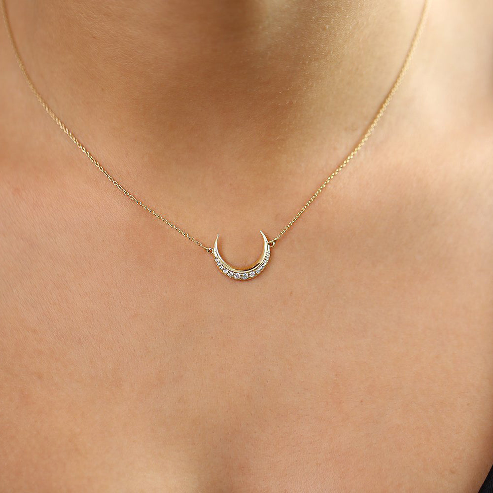 14K Gold Diamond Crescent Moon Necklace