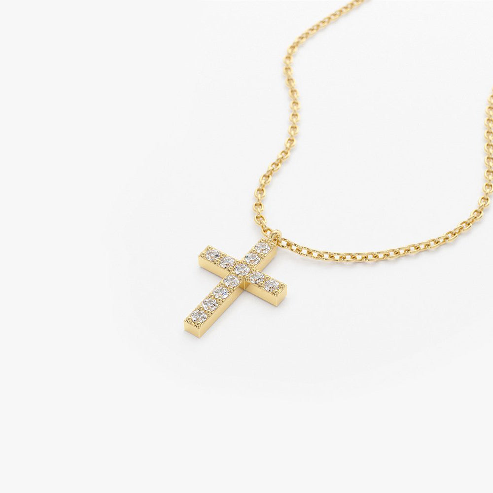 14K Gold Micro Pave Diamond Cross Necklace
