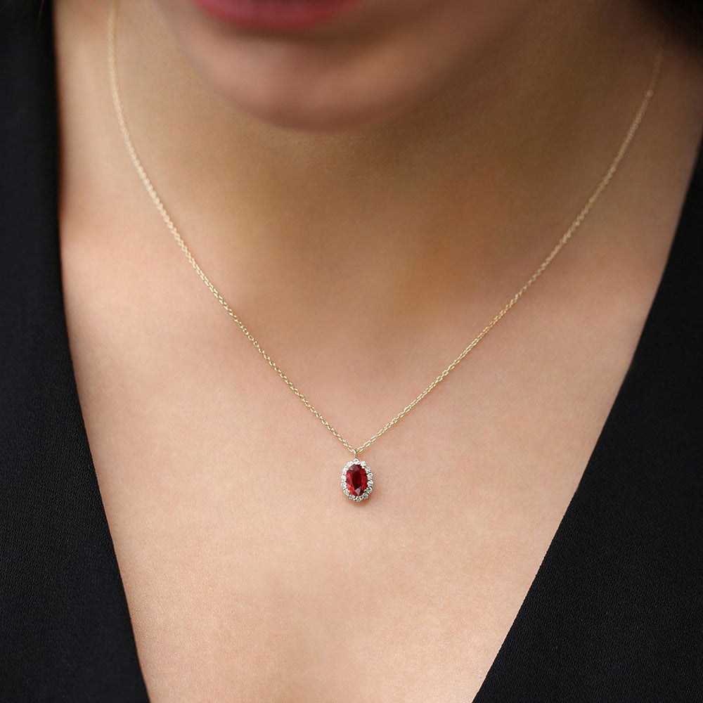 14K Gold Oval Cut Ruby Halo Diamond Necklace