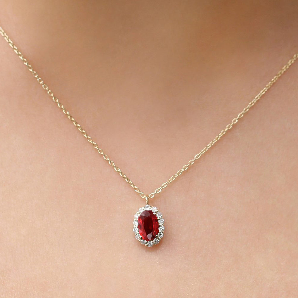 14K Gold Oval Cut Ruby Halo Diamond Necklace