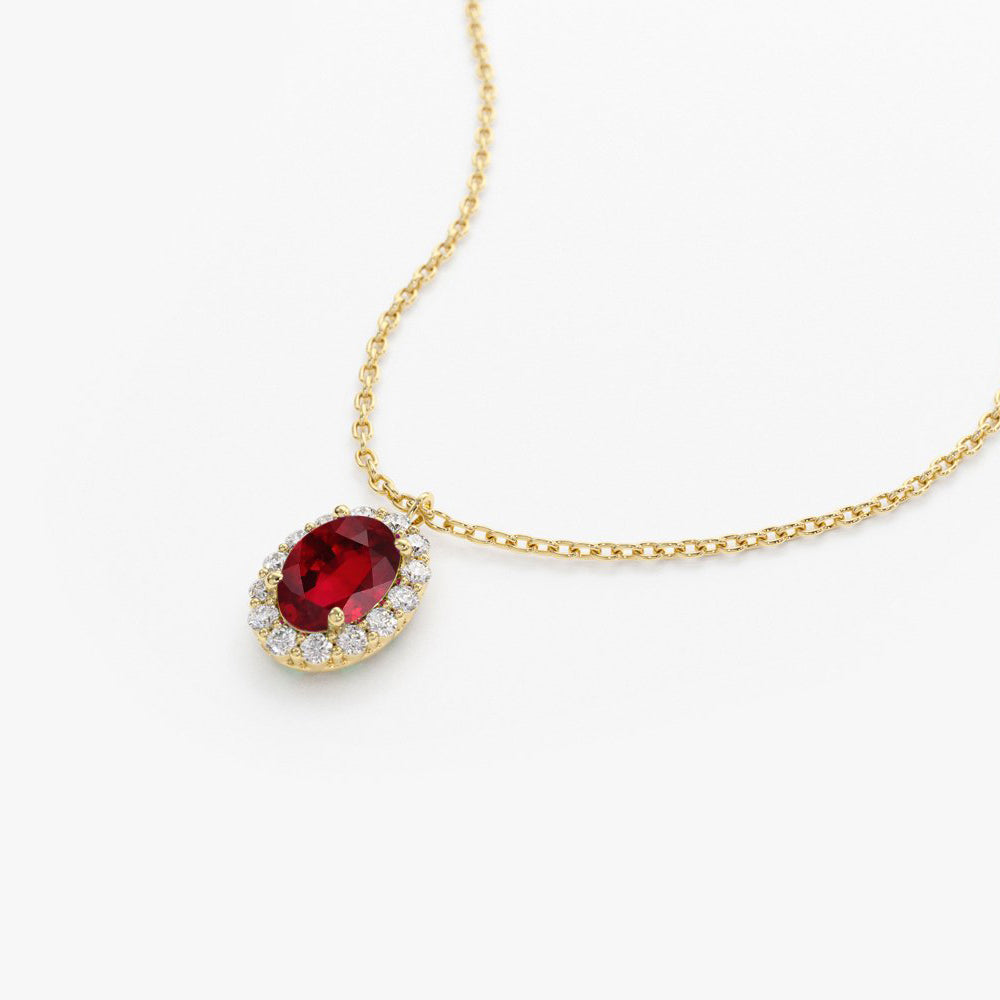 14K Gold Oval Cut Ruby Halo Diamond Necklace