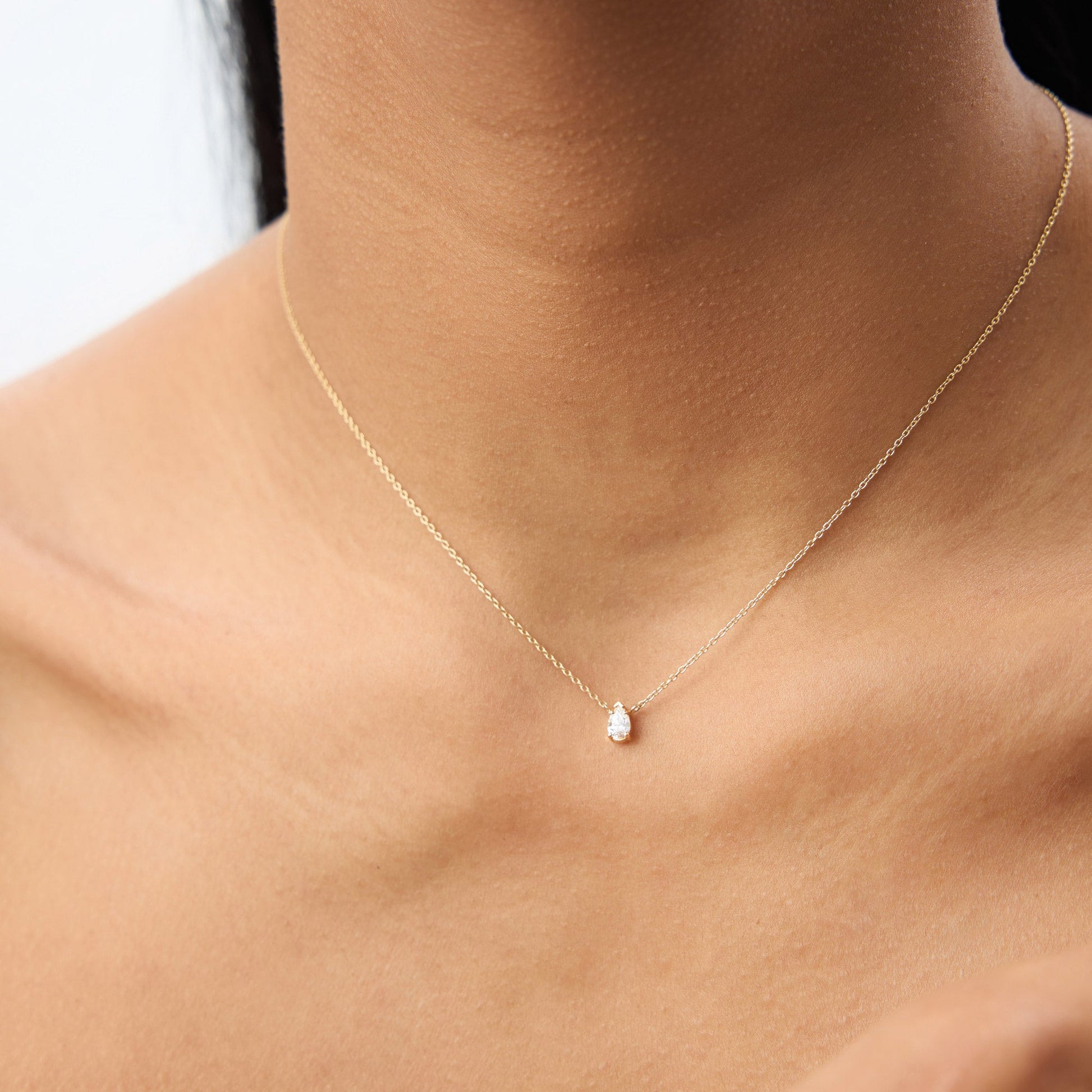 14K Gold Pear Shape Diamond Solitaire Necklace