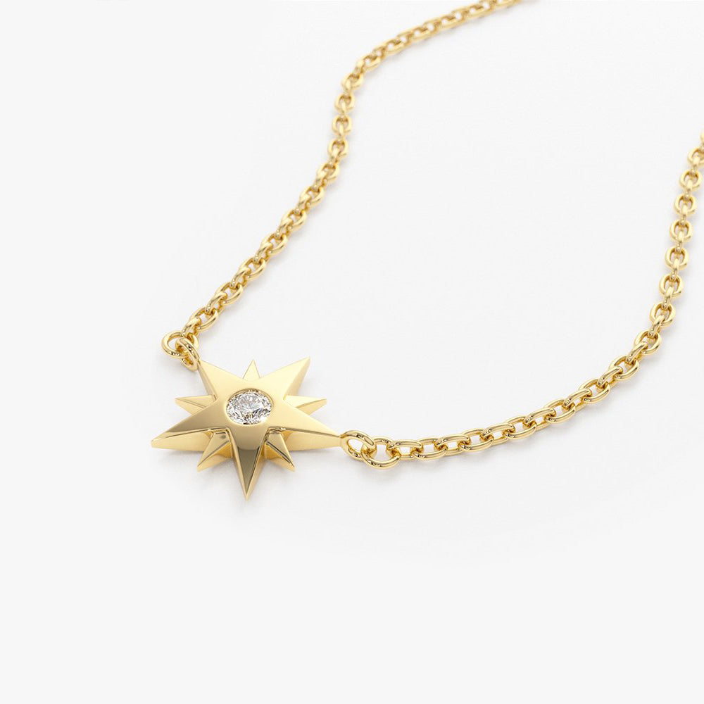 14K Gold Single Diamond Star Necklace