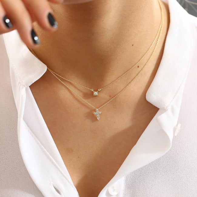 14K Gold Tiny Diamond Cross Necklace