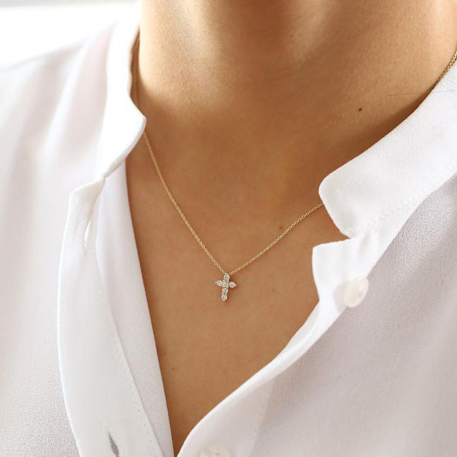 14K Gold Tiny Diamond Cross Necklace